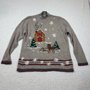 VTG Nut Cracker Christmas Mock Neck Sweater Womens L Reindeer Log Cabin Teacher